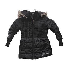 GUESS Girls Black Puffer Jacket Faux-Fur Hood Quilted Warm Winter Coat